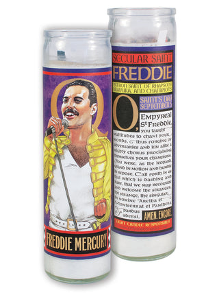 A votive candle shown both front and back, with an image of Freddie Mercury on the front and the story of his secular sainthood on the back.
