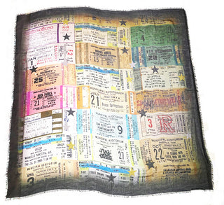 Flat scarf with images of old concert tickets, from Rick James to Bruce Springsteen and more.