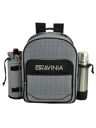A black and white checked backpack with the Ravinia logon on the front, and a carafe holder on each side.