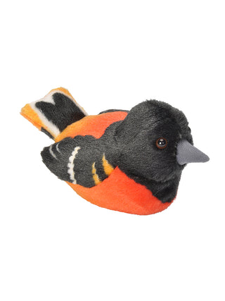 A Baltimore Oriole stuffed bird, with a black head and wings and orange breast.