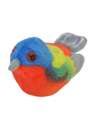 A colorful stuffed bird with a blue head, orange breast, gray tail and gray and green wings and back.
