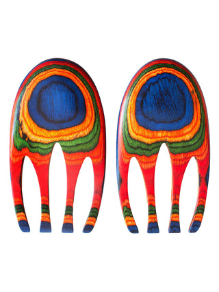 A pair of colorfully painted bamboo salad servers that look like hands.