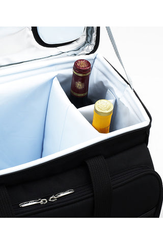 Interior of a cooler, showing two pockets with wine bottles in them.