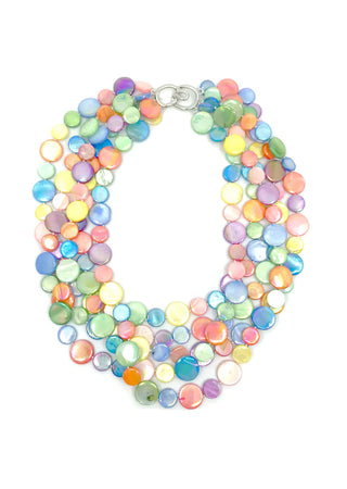A mother of pearl necklace made of beads in fruit salad-like colors.