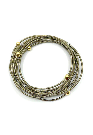 A multi strand Bronze Silk Infused Wire Bracelet with Silver and Gold Beads