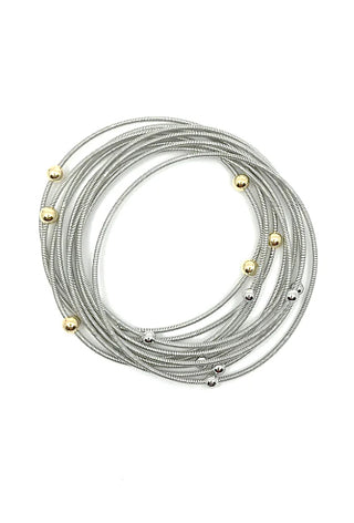 Silver Piano Wire Bracelet with Silver and Gold Beads