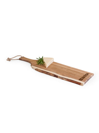 A long wooden board with a handle and rope tie at one  end, RAVINIA branded into it on the other, and a block of cheese in the middle.