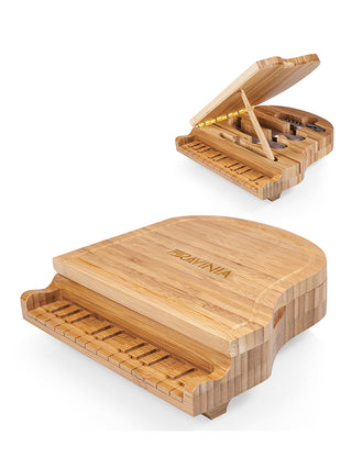 A small wooden piano with RAVINIA branded on it, and behind it an identical piano propped open to reveal wine and cheese tools.