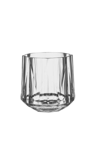 A clear acrylic stemless tumbler.