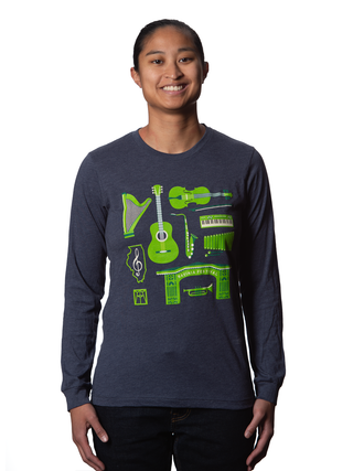 Smiling woman in a long sleeve gray tee with green instruments and Ravinia's Tyler Gate in green below.