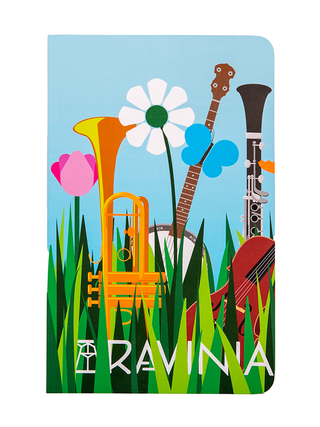 The cover of a journal featuring a trumpet, banjo, clarinet and string bass in thick green grass with the word Ravinia partially obscured, and a blue sky, flowers and a butterfly above.