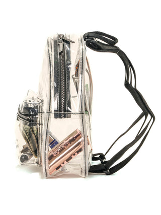Side view of a clear mini backpack, with items visible inside and black straps on the back right.