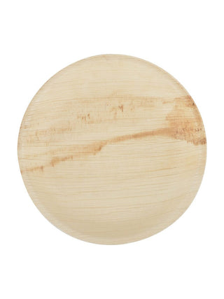 Overhead view of a round plate made of lightweight birch wood.