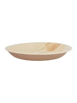 Side view of a round plate made of lightweight birch wood.