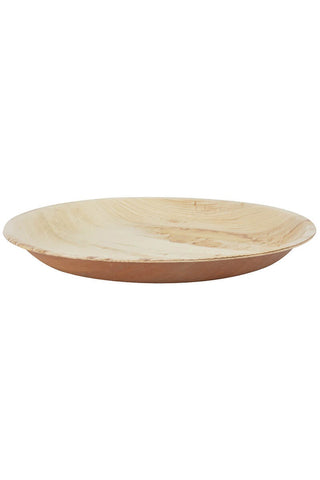 Side view of a round plate made of lightweight birch wood.