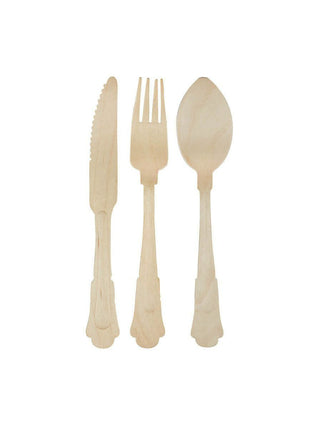 A knife, fork and spoon made from lightweight birch wood.