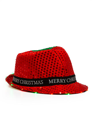 A red fedora hat with MERRY CHRISTMAS on its band, and red and green lights on its brim.