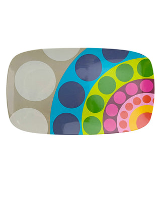 A colorful rectangular platter with curving patterns of circles.