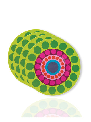 Set of four colorful salad plates, with a concentric dots pattern.