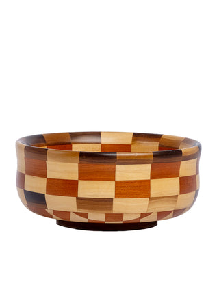 Profile view of a segmented wooden bowl with a checkerboard pattern in different shades of brown.