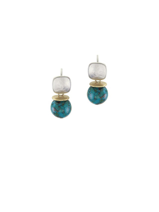 A pair of earrings, each with a small silver rounded square (with a silver wire attached) linked with a brass disc and round turquoise bead.
