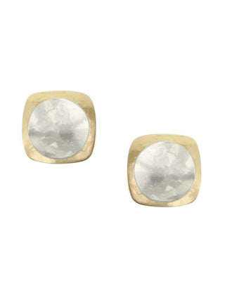 Brass rounded square layered earrings with a dished silver-toned disc.