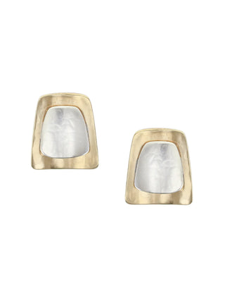 Earrings comprised of a lightly dished brass tapered rectangle layered with a silver-toned, domed tapered rectangle. 