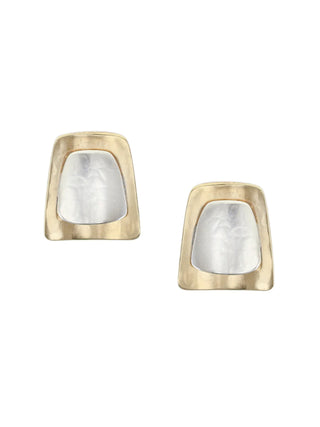 Earrings comprised of a lightly dished brass tapered rectangle layered with a silver-toned, domed tapered rectangle.