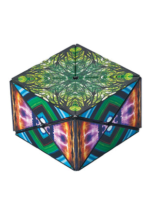 A multicolored cube with a design that features elements from nature.