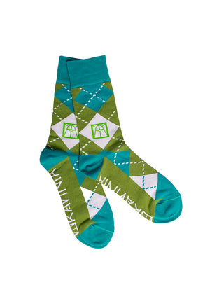 A pair of argyle socks with different shades of green, the Ravinia logo in the center, and the word RAVINIA at the bottom of the socks.