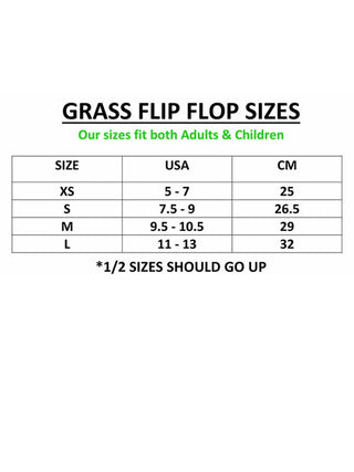 A sizing chart for grass flip flops.