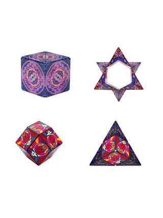 Four of the many shapes the Grateful Dead Haight-Ashbury Shashibo cube can make, showcasing the designs on each side.