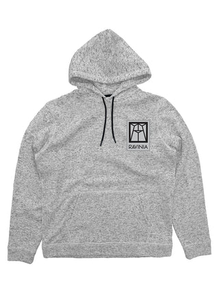 An oatmeal colored hoodie, flat, with a black Ravinia logo and black ties.