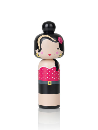 The late singer Amy Winehouse in the form of a wooden Japanese kokeshi doll.