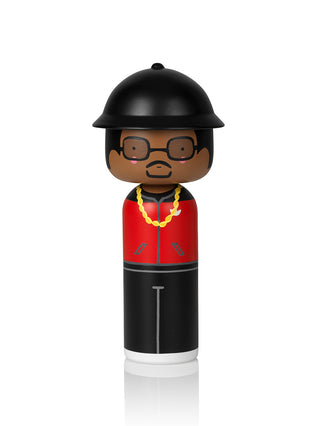 Darryl of Run DMC as a wooden doll, with a black hat, red shirt and gold chain.