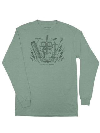 A green long sleeve t-shirt with images of rock and roll instruments, and the words Music Under the Stars and Ravinia 2024 under it.