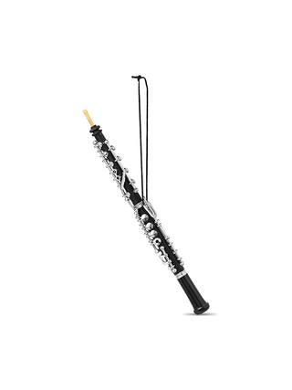 An ornament that looks like a black oboe, with a wooden reed and a black cord for hanging.