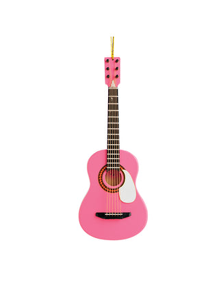 An ornament of a pink acoustic guitar with a white pick guard and a gold cord for hanging.