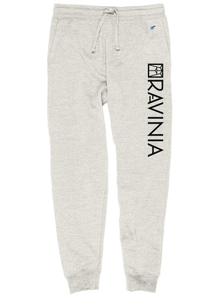 A pair of gray sweatlants with the word RAVINIA and the Ravinia logo on the left leg.