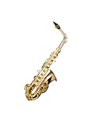 A magnet that looks like a gold alto saxophone with a black mouthpiece.