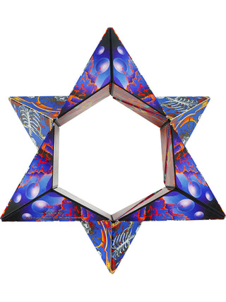 A star shape featuring the Grateful Dead's skull with roses design, in blue, orange and red.