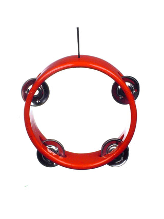 An ornament of a red tambourine, with a cord for hanging.