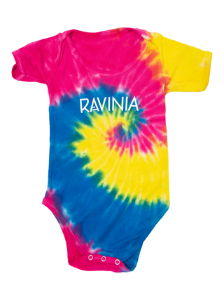 A onesie in red, blue and yellow with the word RAVINIA on it in white.