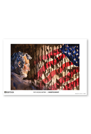A watercolor of Abraham Lincoln studying the American flag.
