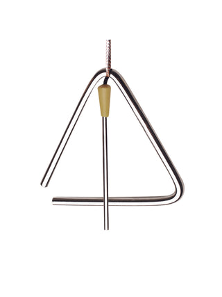 An ornament of a silver triangle with a striker, and a silver cord for hanging.