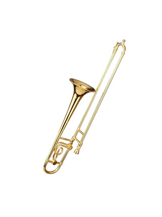 A magnet that looks like a gold trombone.