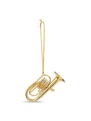 An ornament that looks like a gold tuba, with a gold cord for hanging.