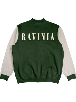 Back of a green varsity jacket with the word RAVINIA across the back in white, and white sleeves and green cuffs.