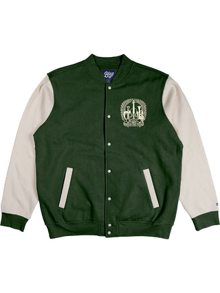 A green and white varsity jacket with snaps, and the words "Music Under the Stars" on the left breast.