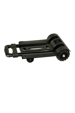 A folded, compact black plastic cart with wheels on it.